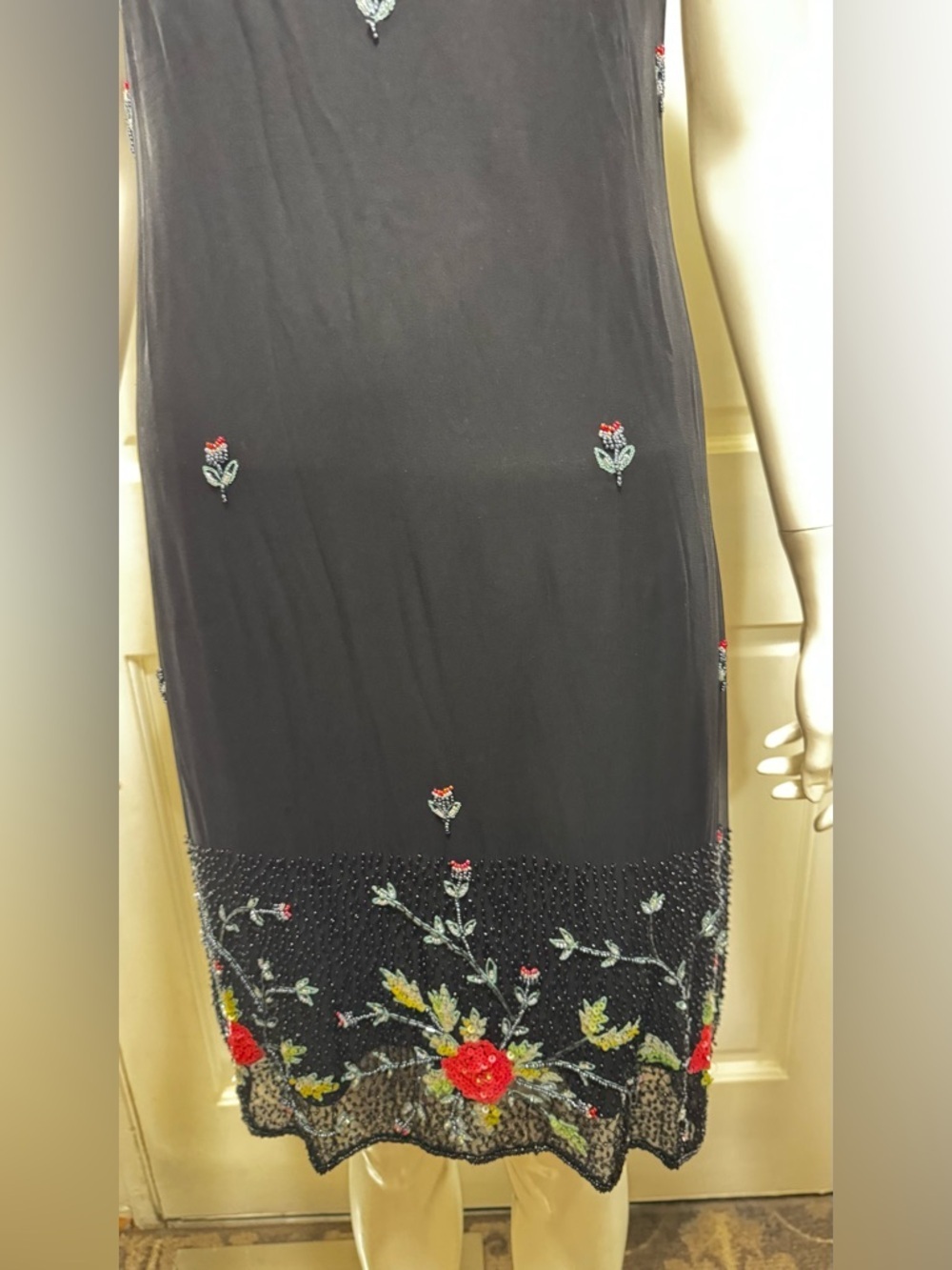 Vintage CACHE Black Midi Slip FORMAL Pink Floral Embroidery dress Sz 8 A - Picture 11 of 11